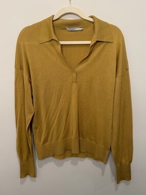 M.M. LaFleur Leo Pullover 100% Silk Jersey Polo Sweater Mustard Size Medium